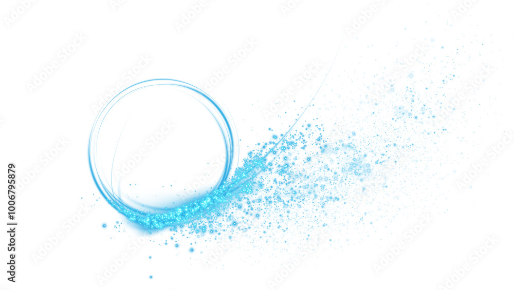 Sparks of dust and blue stars shine with special light. Trace of speed lines. Sparks on transparent background. Christmas light effect. Blue sparkling particles of magic dust. A luminous bokeh that ge