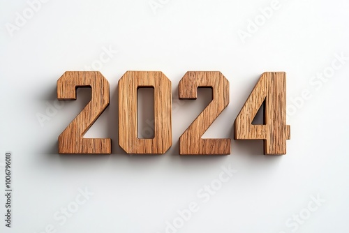 Wooden numbers 2024 on a white isolated background.