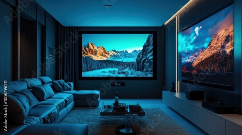 Wireless projector displaying a movie on a wall in a modern home