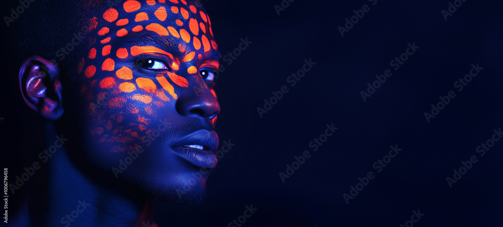 A Black man with African facial paint patterns illuminated by ultraviolet light against an isolated dark background A Black man with African facial paint patterns illuminated by ultraviolet light against an isolated dark background