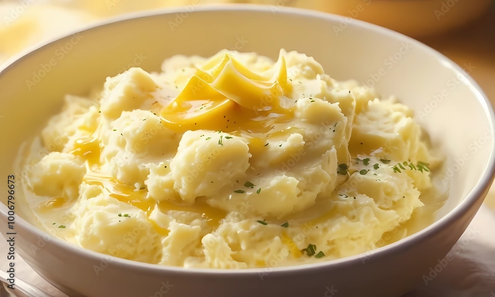 Creamy mashed potatoes with melted butter in a white bowl Creamy mashed potatoes with melted butter in a white bowl