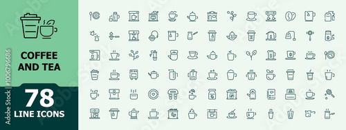 Coffee and tea outline icons. Related to drinks, beverage, cafe, vending and more. Minimalist linear icon collection. Editable stroke. Vector illustration.
