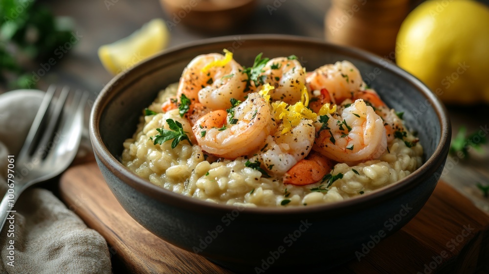 An artistic arrangement of risotto served in a deep bowl, topped with fresh seafood like shrimp and scallops, and garnished with lemon zest and herbs, highlighting its luxurious presentation. An artistic arrangement of risotto served in a deep bowl, topped with fresh seafood like shrimp and scallops, and garnished with lemon zest and herbs, highlighting its luxurious presentation.