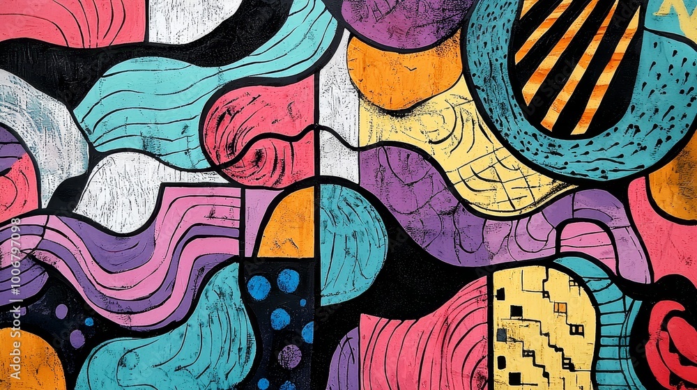 Obraz premium Vivid geometric abstract art featuring diverse shapes and flowing patterns, capturing creativity and artistic expression.