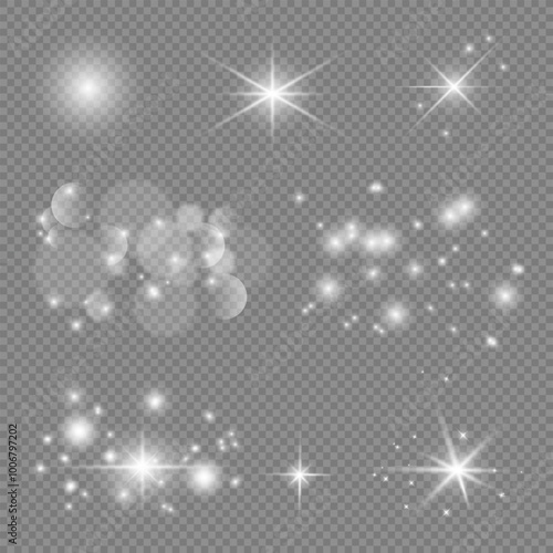White light effect, shining stars on transparent background in vector format