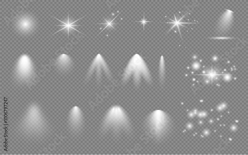 White light effect, spotlights, flashing stars on transparent background in vector format