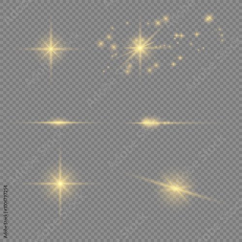 Yellow light effect, golden stars on transparent background in vector format