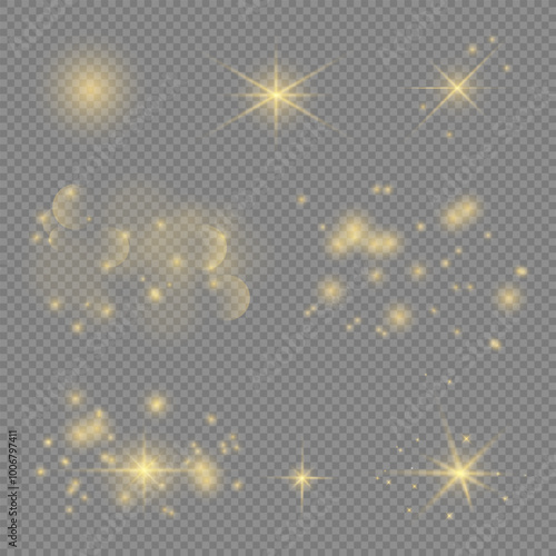 Svetyashchiyesya zvezdy na prozrachnom fone, siyaniye zvezd, bliki. Vektornoye izobrazheniye
80 / 5 000
Glowing stars on transparent background, star shine, glare. Vector image