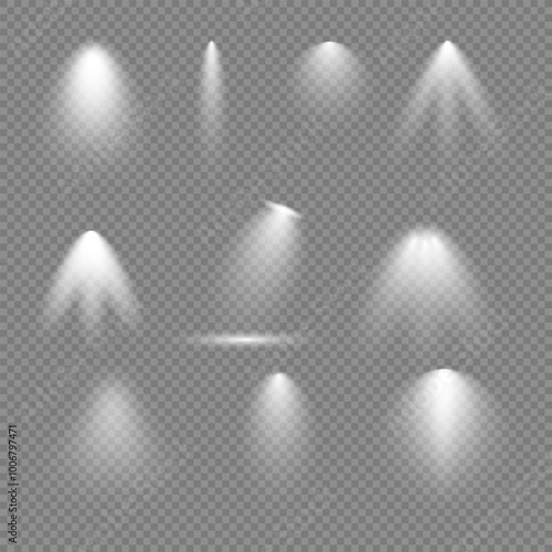 Realistic light on transparent background, white light effect, spotlight, vector illustration