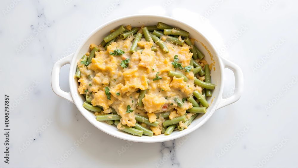 Cheesy green bean casserole in white dish on marble countertop Cheesy green bean casserole in white dish on marble countertop