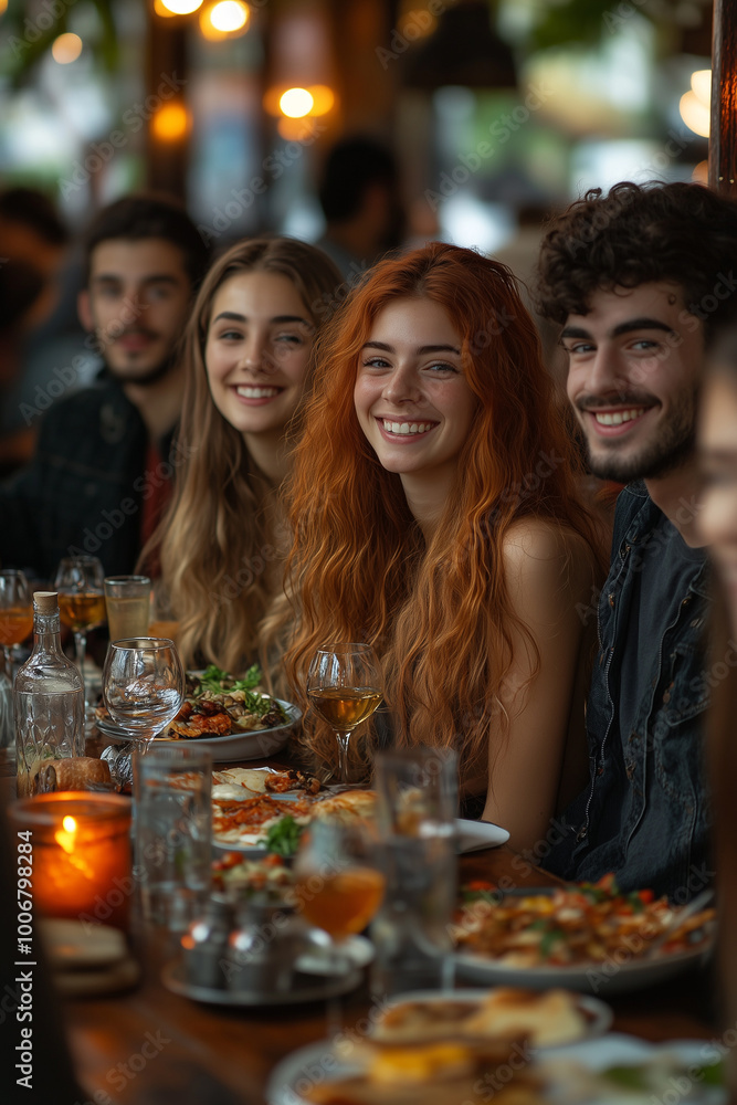 Friends Eating and Drinking in a Bar, Happily Looking at the Camera Friends Eating and Drinking in a Bar, Happily Looking at the Camera