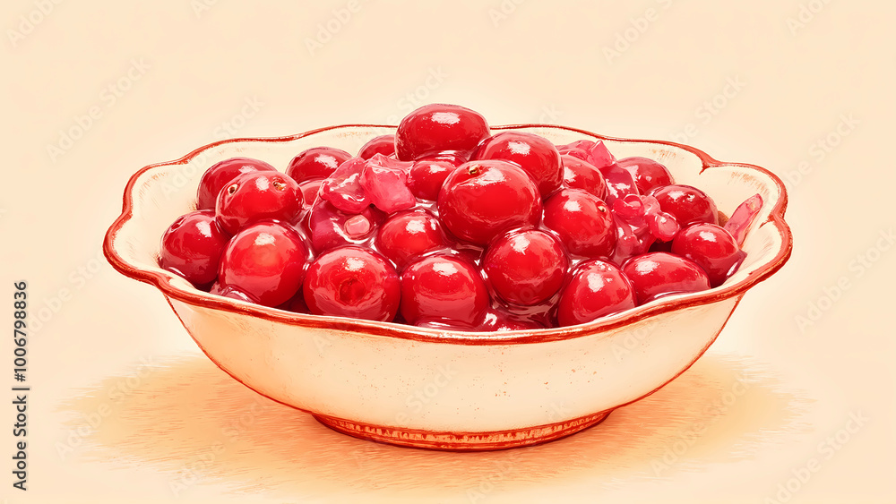 Bowl of fresh cranberries in white dish on beige background Bowl of fresh cranberries in white dish on beige background