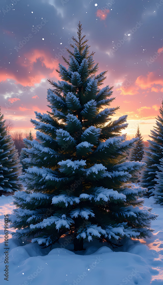 Snow-covered Christmas tree at sunset in winter landscape Snow-covered Christmas tree at sunset in winter landscape
