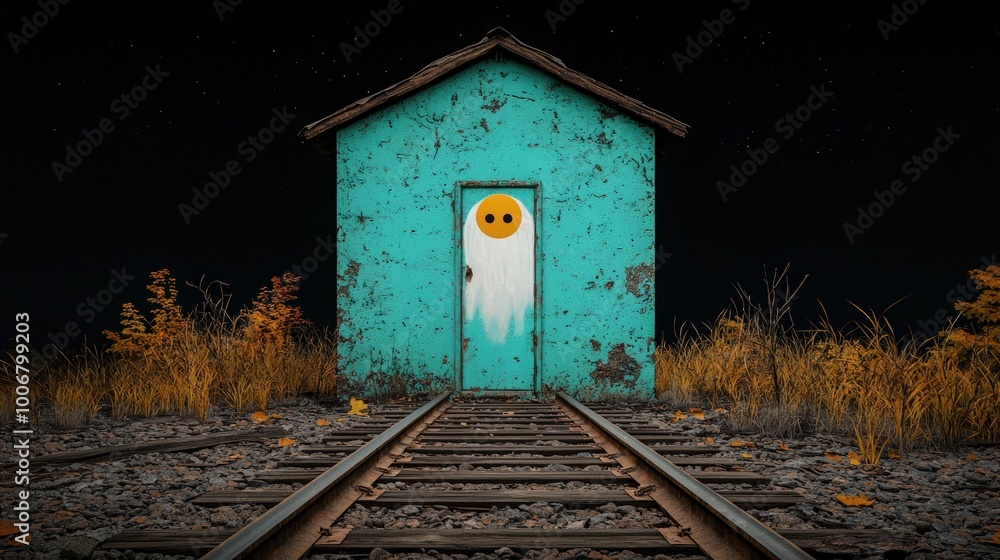 Obraz premium Old teal house with a ghostly door, surrounded by dry grass and railway tracks.