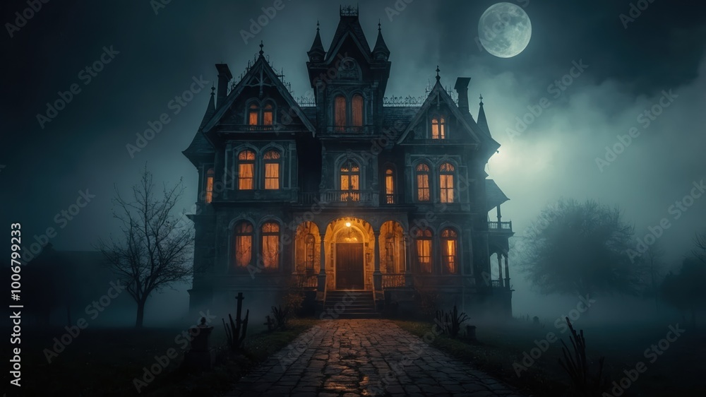 witch standing in front of a mysterious spooky house, Halloween night witch standing in front of a mysterious spooky house, Halloween night