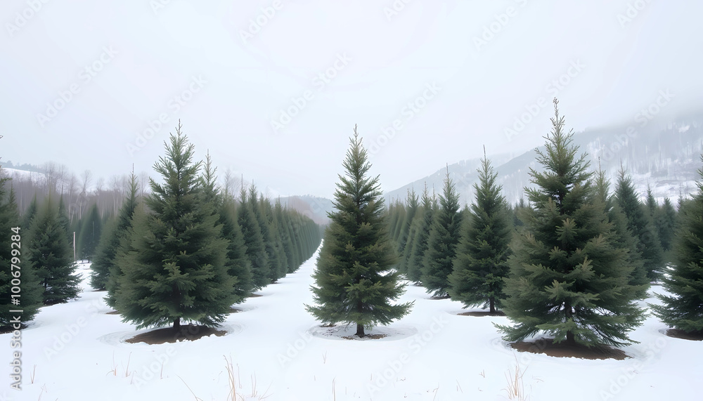 Snowy Christmas tree farm in winter with misty mountain backdrop Snowy Christmas tree farm in winter with misty mountain backdrop