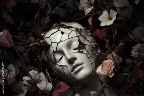 Broken porcelain head surrounded by flowers in dark white and light red, kintsugi-inspired ethereal sculpture in dark fairycore style with mysterious figures and haunting figurativism photo