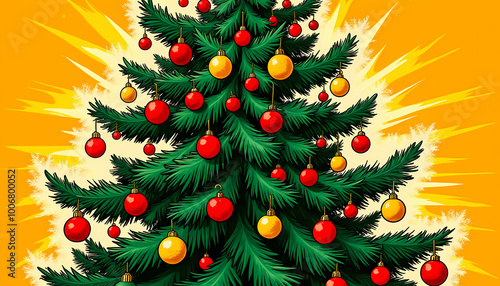 Pop art Christmas tree with red and yellow ornaments on orange background