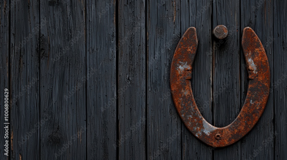 Rusty horseshoe on dark wooden wall, symbol of luck and tradition, isolated background. Rusty horseshoe on dark wooden wall, symbol of luck and tradition, isolated background.