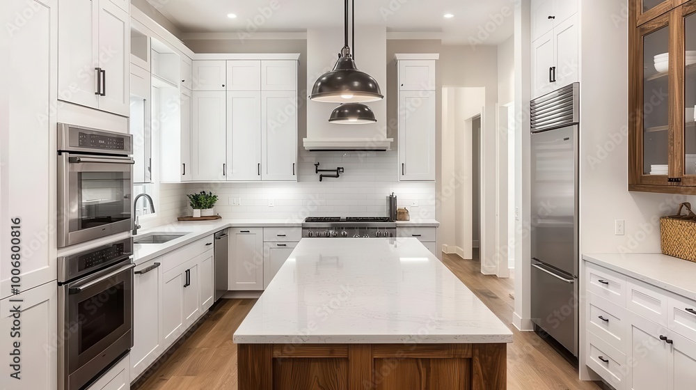 a kitchen with white cabinets , granite counter tops , stainless steel appliances and a large island a kitchen with white cabinets , granite counter tops , stainless steel appliances and a large island