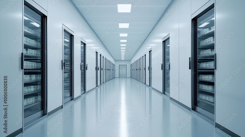 A sterile, modern industrial refrigerated room used for food storage Rows of freezer doors line the left wall, and metal shelves on the right are stocked with packaged products A sterile, modern industrial refrigerated room used for food storage Rows of freezer doors line the left wall, and metal shelves on the right are stocked with packaged products