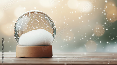 A vintage snow globe on a rustic wooden table, soft golden light, snow swirling inside, warm copy space on the right