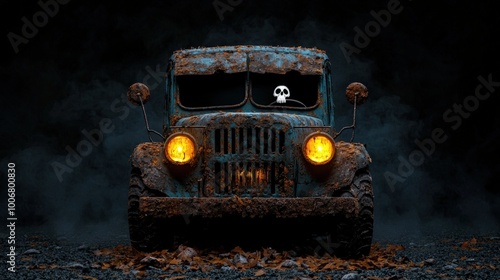 Rusty vintage truck with skull decoration, dark misty background. photo