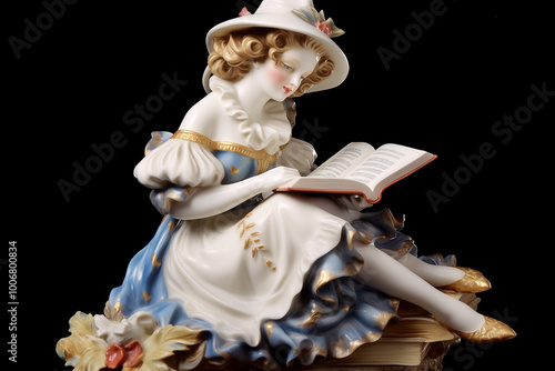 Porcelain figurine of a beautiful girl in a hat reading a book, capturing playful absurdity, movement, and spontaneity with flowing fabrics and light colors in a rococo-inspired 19th-century style photo