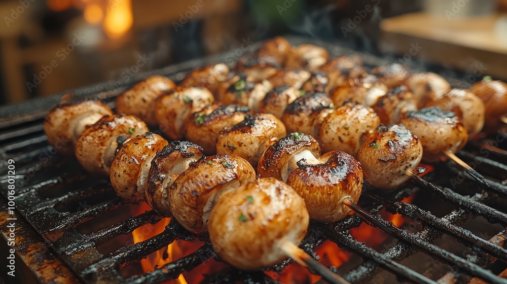 Grilled Mushroom Skewers on a Barbecue Grill Grilled Mushroom Skewers on a Barbecue Grill