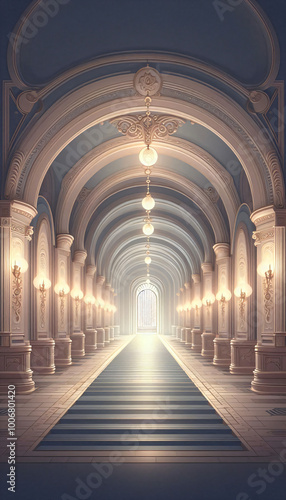 Mystical Castle Corridor with Soft Glowing Lights for Fantasy Visual Novel
