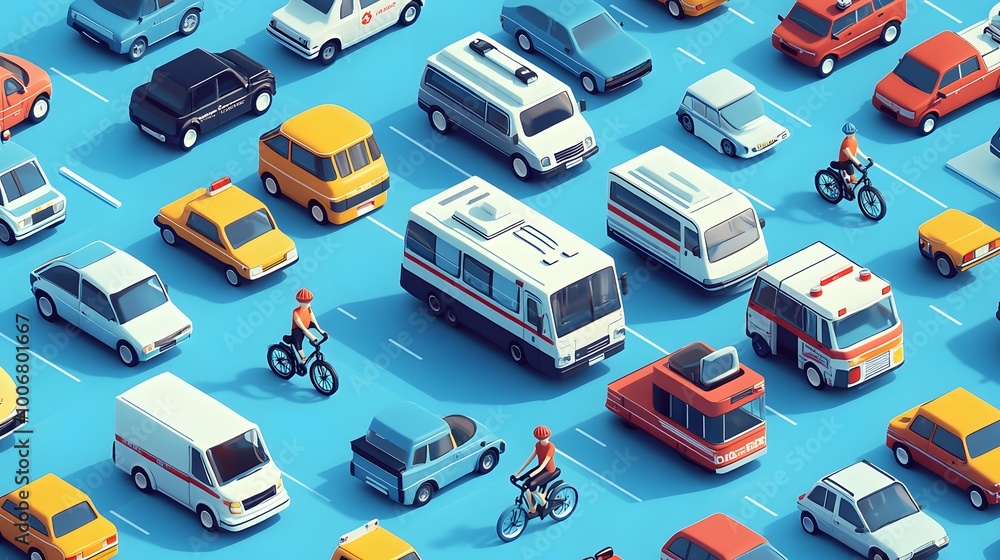 Naklejka premium A vector illustration of various vehicles such as cars, ambulances, and police trucks on the street. The background is light blue with a simple design