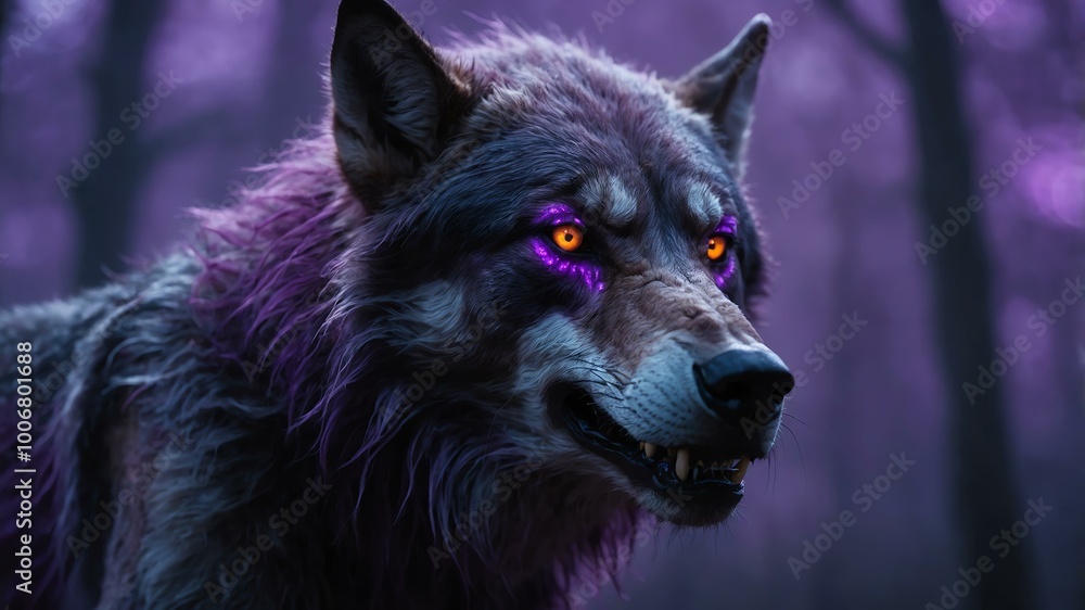 Fototapeta premium abstract eerie glowing purple closeup of a Halloween werewolf on misty background, bokeh background