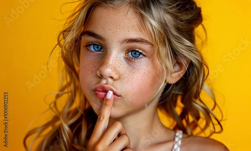 In a bright and cheerful setting, a young girl with striking blue eyes and golden curls playfully poses, bringing an air of whimsy and innocence that captures the joy of childhood