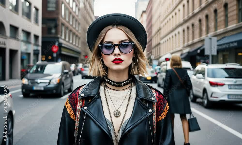 An eclectic figure stands confidently in the midst of busy traffic, exuding a fashionable vibe with a striking leather jacket and hat, capturing the essence of city life An eclectic figure stands confidently in the midst of busy traffic, exuding a fashionable vibe with a striking leather jacket and hat, capturing the essence of city life