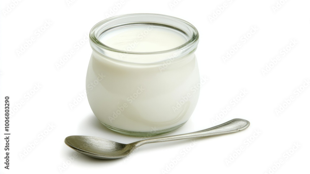 A close-up of plain Greek yogurt in a small glass jar, placed on a white background for a minimalist and healthy look. A close-up of plain Greek yogurt in a small glass jar, placed on a white background for a minimalist and healthy look.