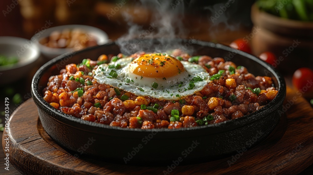 Savory Hash with Fried Egg and Steaming Aromatic Spices Savory Hash with Fried Egg and Steaming Aromatic Spices