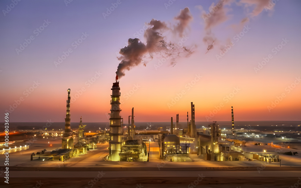A glowing oil refinery set in the desert, symbolizing Libya's natural resources and economic significance. (indicates Libyan National Day).
A glowing oil refinery set in the desert, symbolizing Libya's natural resources and economic significance. (indicates Libyan National Day).