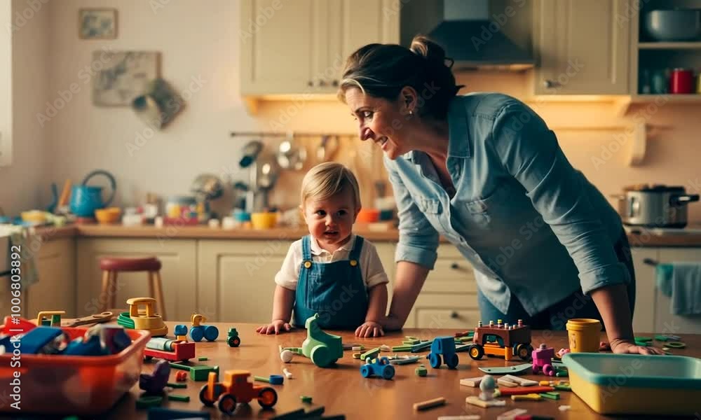 In a cozy kitchen, a mother and her curious toddler share a delightful moment surrounded by colorful toys. Laughter fills the air as they engage in imaginative play In a cozy kitchen, a mother and her curious toddler share a delightful moment surrounded by colorful toys. Laughter fills the air as they engage in imaginative play