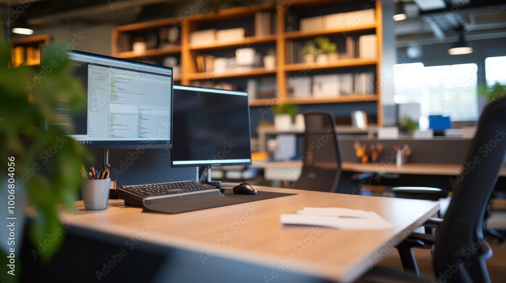 The workspace features an organized desk with dual monitors and an ergonomic chair, complemented by shelves filled with books and plants, promoting productivity and comfort