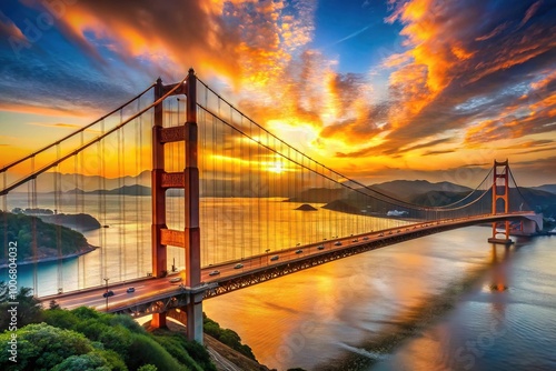 Orange-gold light cascades across two suspension bridges, tracing gentle curves against a brilliant blue sky with wispy clouds drifting lazily by.