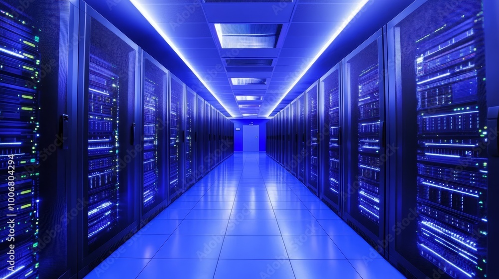 A futuristic server room illuminated by vibrant blue lights, filled with rows of sleek, powerful data servers showing connectivity. A futuristic server room illuminated by vibrant blue lights, filled with rows of sleek, powerful data servers showing connectivity.
