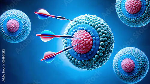 Monoclonal antibodies, depicted as darts, precisely target cancer cells, highlighting a breakthrough in cancer therapy using immunotherapy and precision medicine.