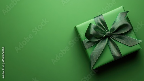 Christmas green gift box. Happy New Year 2025. Copy space