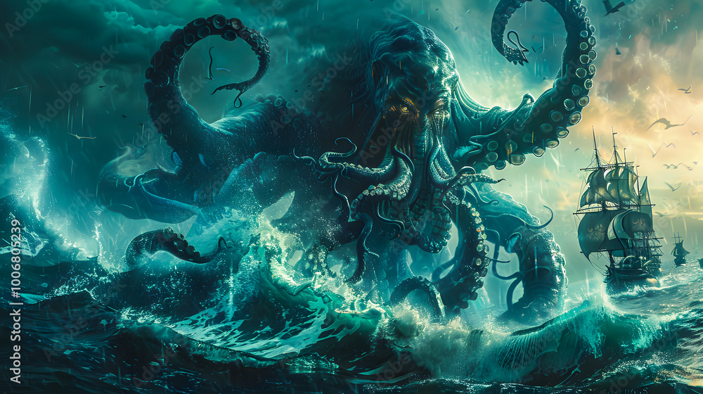 Epic fantasy scene of a colossal kraken, resembling Cthulhu, emerging from the deep sea, attacking a ship amidst stormy waves. Perfect for horror-themed designs or mysterious, dark backgrounds Epic fantasy scene of a colossal kraken, resembling Cthulhu, emerging from the deep sea, attacking a ship amidst stormy waves. Perfect for horror-themed designs or mysterious, dark backgrounds