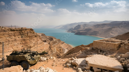 A panoramic view of the Dead Sea from Jordanian territory, with military equipment in the foreground, symbolizing defense and geography. (indicates Jordanian Armed Forces Day).