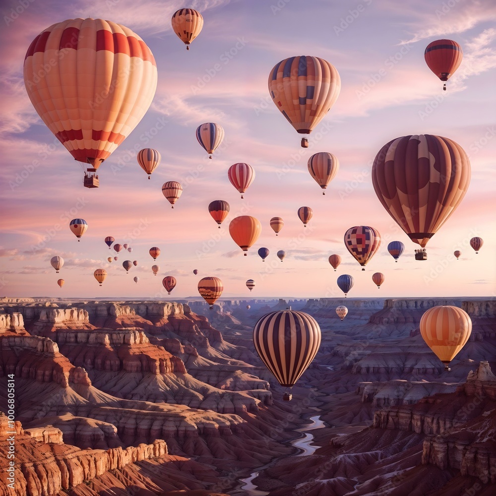 Naklejka premium hot air balloons flying over the mountains landscape in sunlight, hot air balloons in Turkey flying at sunrise sky, colorful hot air baloon gently float in sky during sunrise, travel and inspiration 