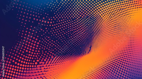 Abstract background with a gradient of orange, red and blue colors and a pattern of white dots.