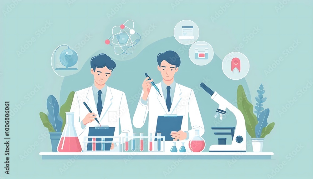 scientists research with scientific equipment at lab in flat style design scientists research with scientific equipment at lab in flat style design
