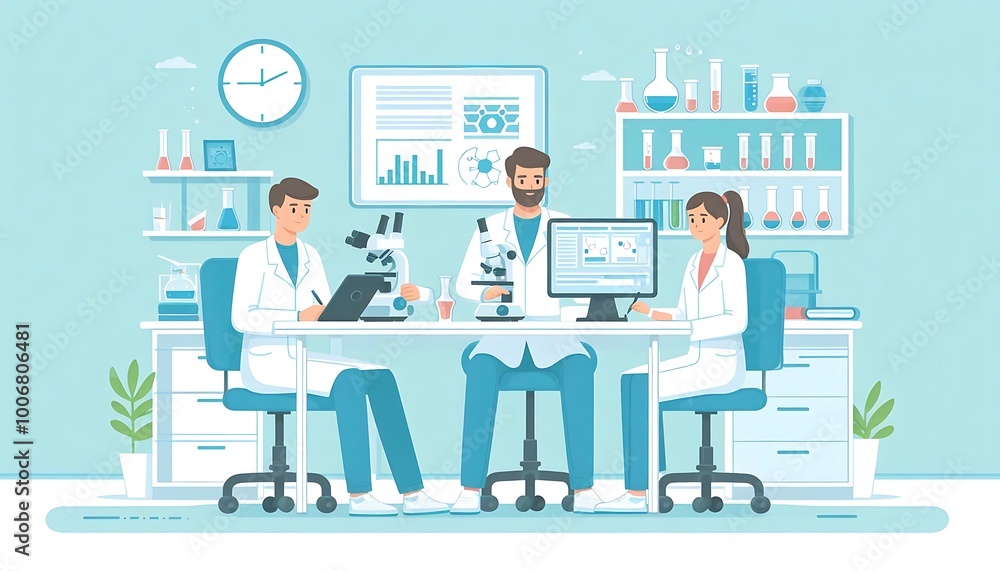 scientists research with scientific equipment at lab in flat style design scientists research with scientific equipment at lab in flat style design