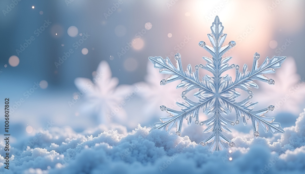 Intricate snowflake resting on snow with a soft background glow in a winter landscape Intricate snowflake resting on snow with a soft background glow in a winter landscape